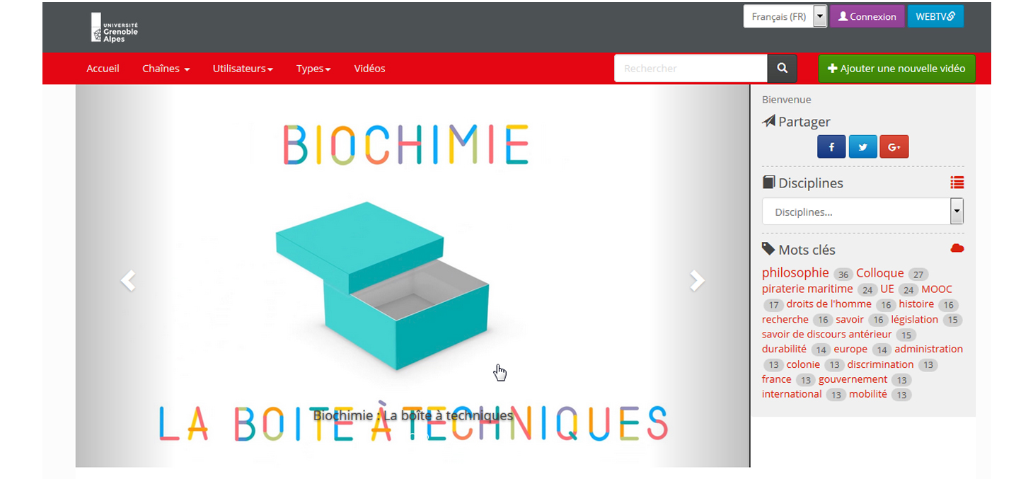 Capture d'écran de la page d'accueil de la WEBTV de l'UGA